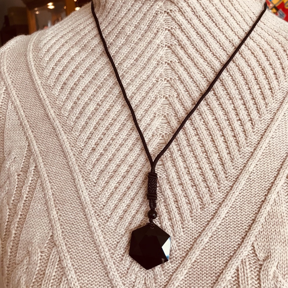 mystic black hexagonal crystal and rope necklace